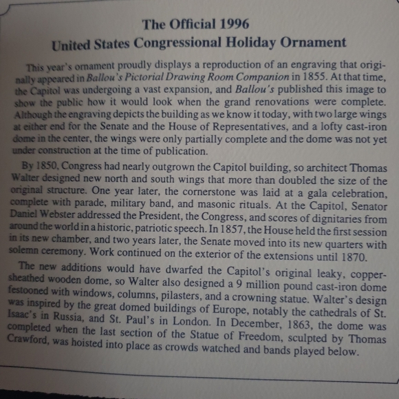 1996 United States Congressional Holiday Ornament - Picture 6 of 7